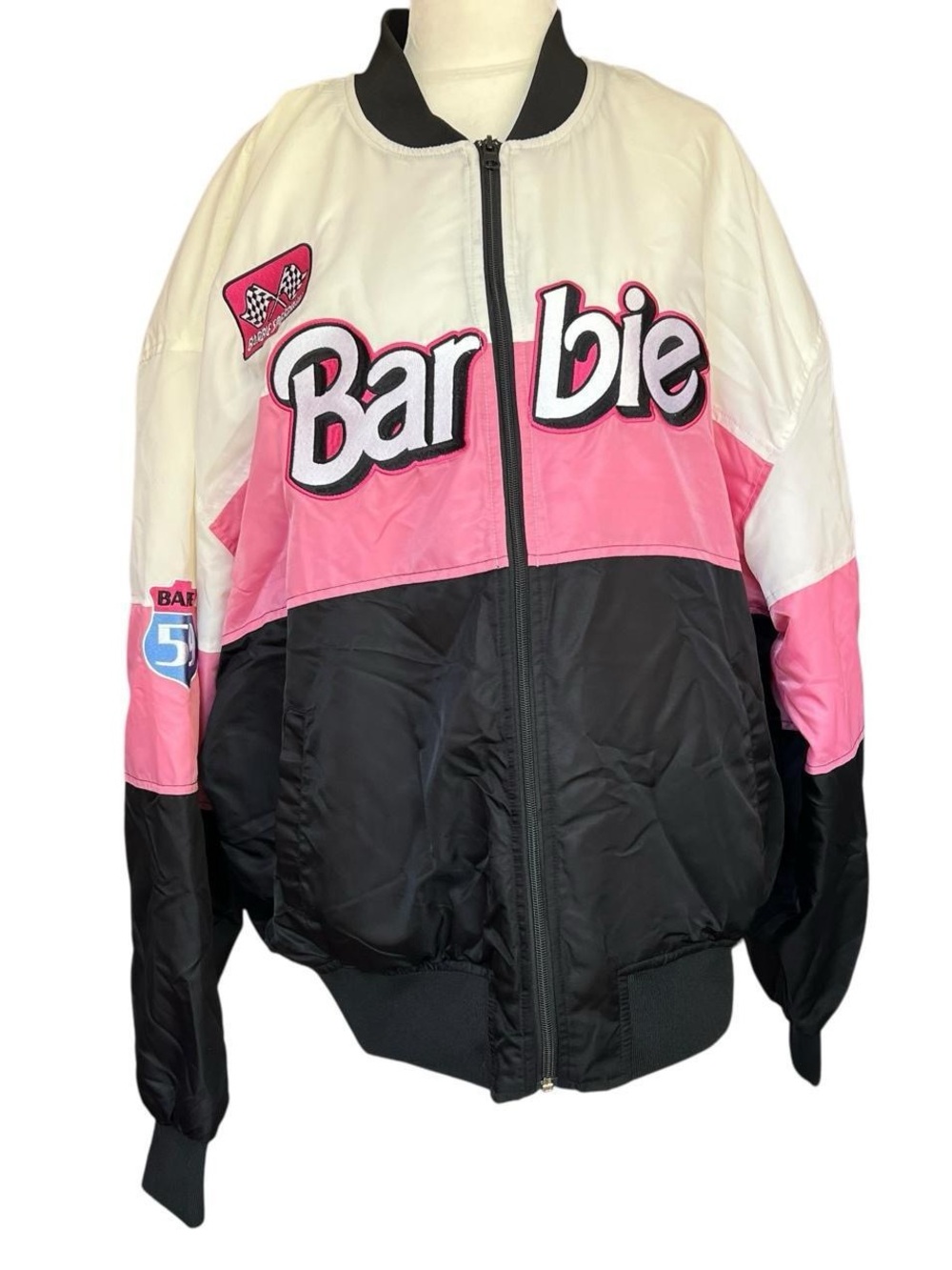 Barbie by PacSun Speedway Racer Bomber Jacket Pink Black Cream L